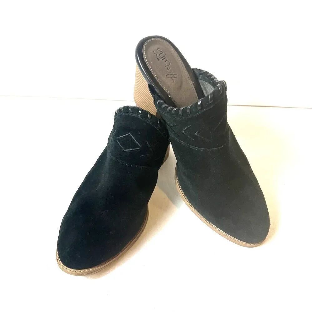 Euro Soft By Sofft Black Suede Leather Clogs Mules High Heel Womens Size 9M Shoe